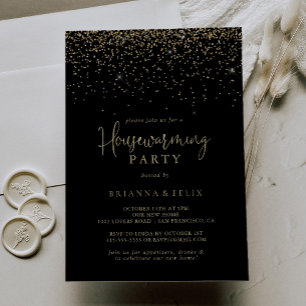 Gold Confetti Extravagant Script Housewarming Part Einladung