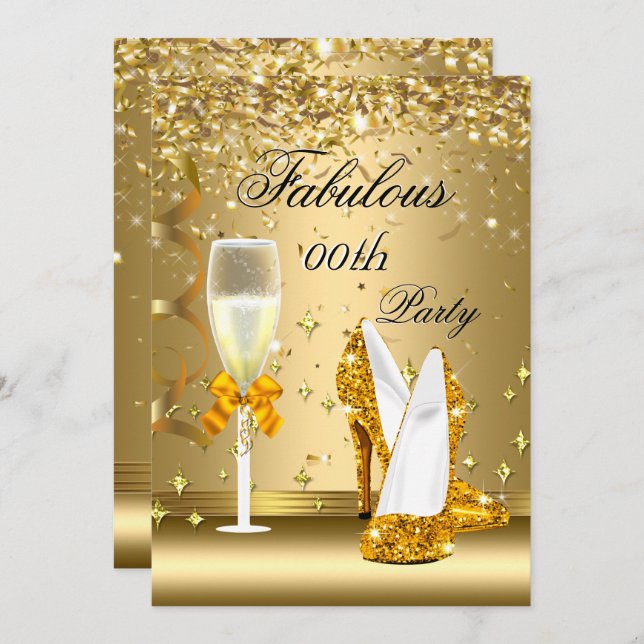 Gold Confetti Fabulous Champagner Heelse Geburtsta Einladung (Vorne/Hinten)
