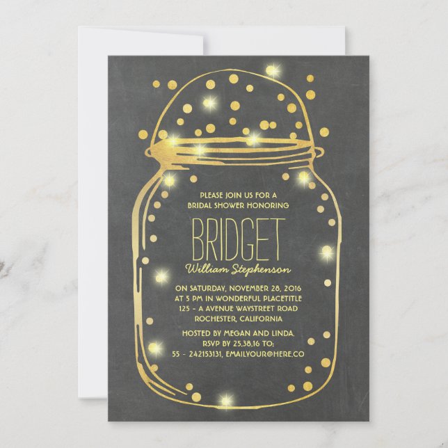 Gold Confetti Fireflies Mason Jar Brautparty Einladung (Vorderseite)