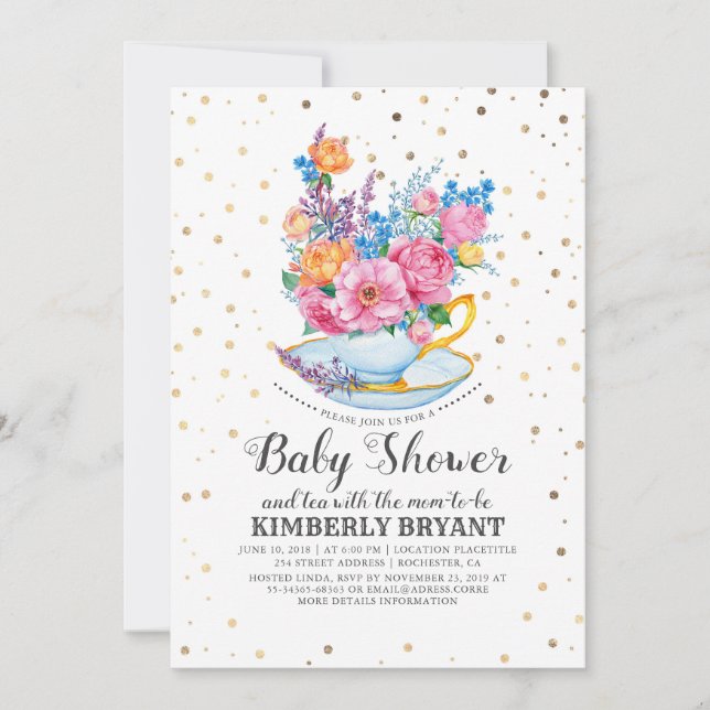 Gold Confetti | Floral Baby Shower Tee Party Einladung (Vorderseite)