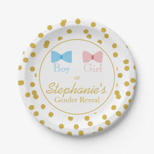 Gold Confetti Gender Reveal Bow und Bow Krawatte Pappteller