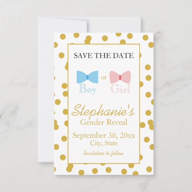 Gold Confetti Gender Reveal Bow und Bow Krawatte Save The Date (Vorderseite)