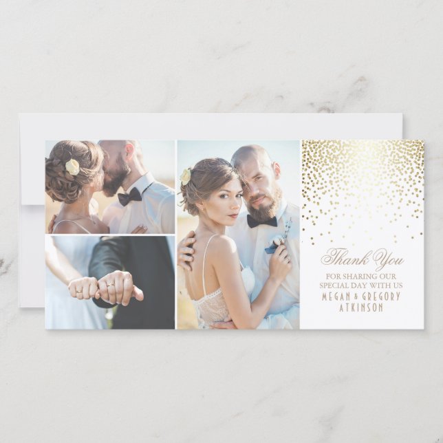 Gold Confetti Glamour White Wedding Vielen Dank Dankeskarte (Vorderseite)