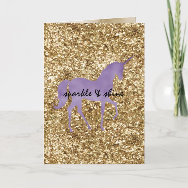 Gold Confetti Glitzer Lila Unicorn Karte (Vorderseite)
