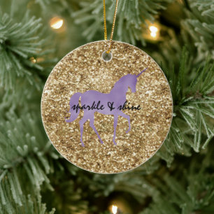 Gold Confetti Glitzer Lila Unicorn Keramik Ornament