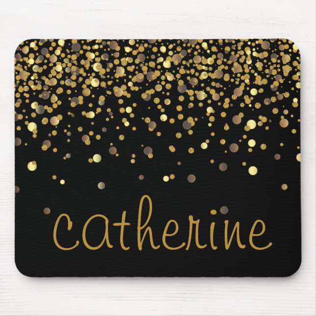 Gold Confetti Glitzer Schwarzes Imitat Mousepad (Vorne)