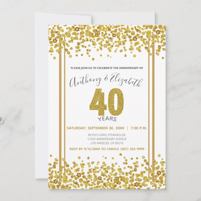 Gold Confetti Glitzer-Style 40th Anniversary Party Einladung (Vorderseite)