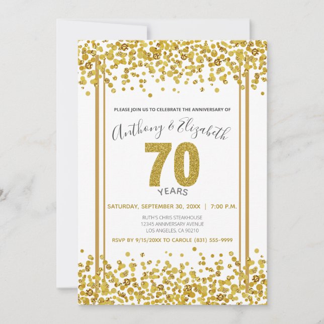 Gold Confetti Glitzer-Style 70th Anniversary Party Einladung (Vorderseite)