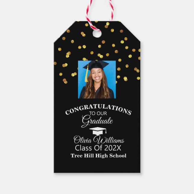 Gold Confetti Graduate Foto Graduation Party Geschenkanhänger (Vorderseite)