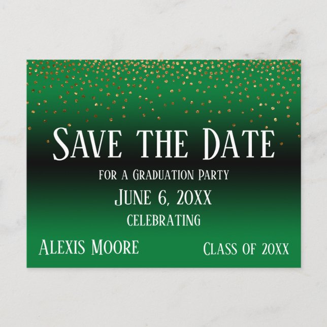 Gold Confetti Green Abschluss Save the Date Postkarte (Vorderseite)
