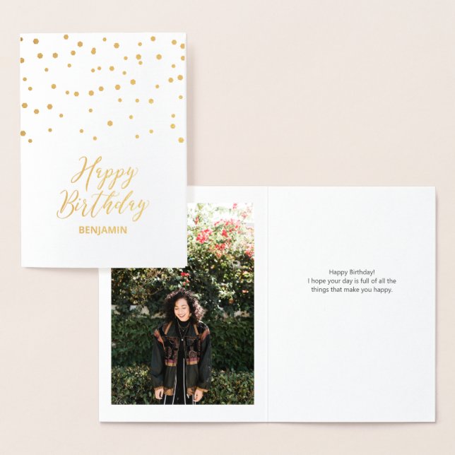 Gold Confetti Happy Birthday Foto Foil Card Folienkarte (Anzeige)