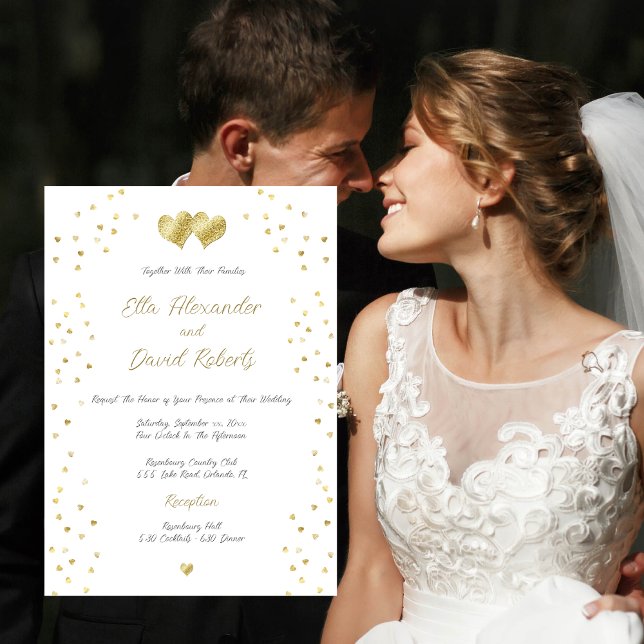Gold Confetti Hearts, Hochzeit Einladung (Von Creator hochgeladen)