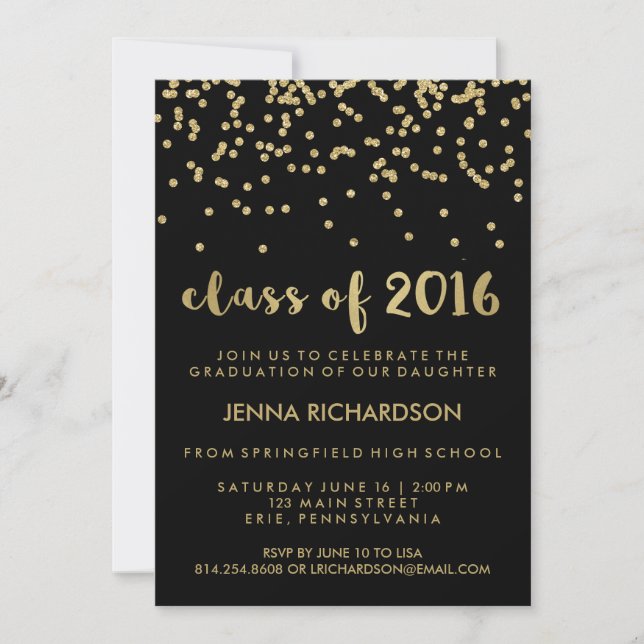 Gold Confetti Klasse von 2016 Graduation Party Bla Einladung (Vorderseite)