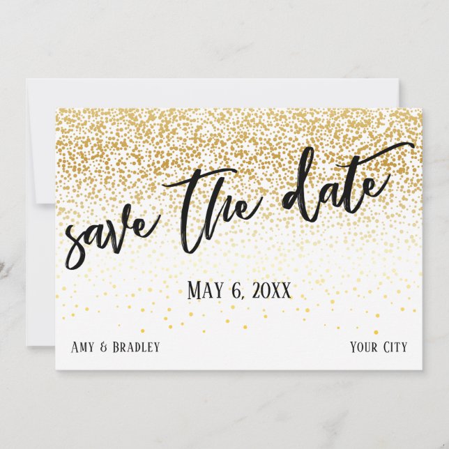 Gold Confetti Lässig Handwriting Wedding Save The Date (Vorderseite)