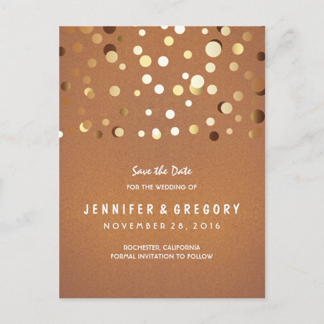 Gold Confetti Lässig und romantisch Save the Date Ankündigungspostkarte (Vorderseite)