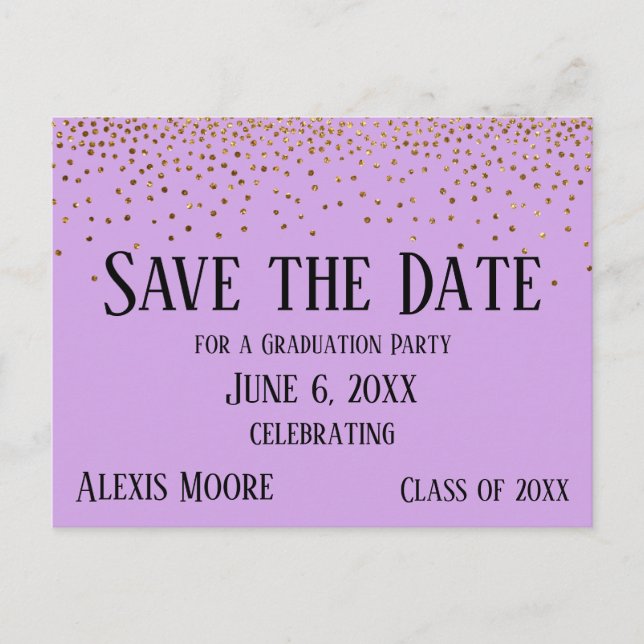 Gold Confetti Lavender Abschluss Save the Date Postkarte (Vorderseite)