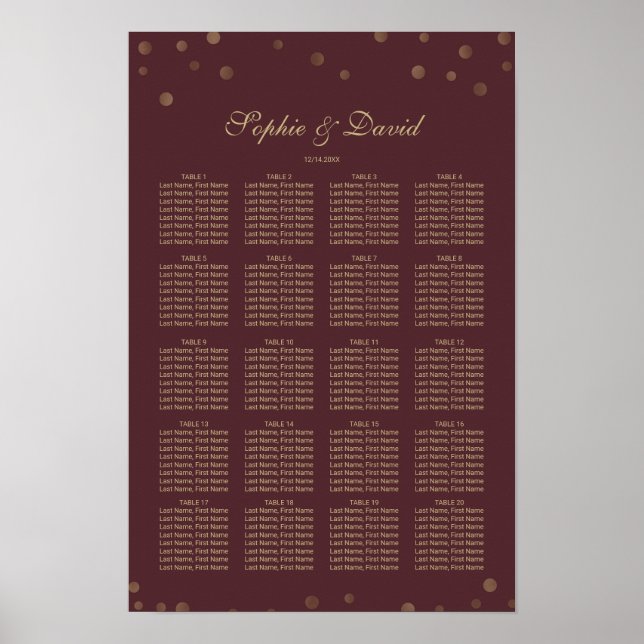 Gold Confetti Liebe Burgundy Wedding Chart Poster (Vorne)