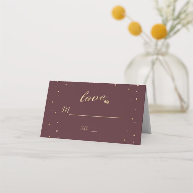 Gold Confetti Liebe Burgundy Wedding Tischnummer Platzkarte (Vorderseite)