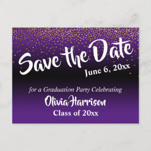 Gold Confetti Lila Abschluss Save the Date Postkarte