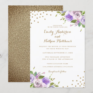 Gold Confetti Lila Blumenhochzeit Einladung