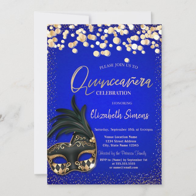 Gold Confetti Masque Royal Blue Quinceañera Einladung (Vorderseite)