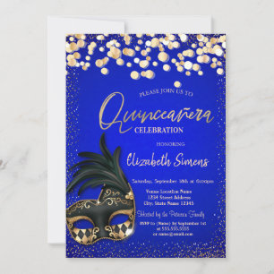 Gold Confetti Masque Royal Blue Quinceañera Einladung