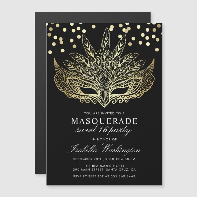 Gold Confetti Masquerade Sweet 16 Party Magneteinladung (Vorne/Hinten)