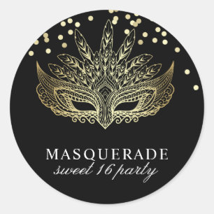 Gold Confetti Masquerade Sweet 16 Party Runder Aufkleber
