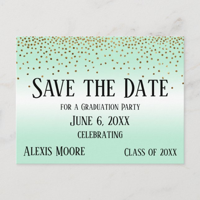 Gold Confetti Mint Green Abschluss Save the Date Postkarte (Vorderseite)