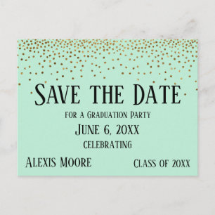 Gold Confetti Mint Green Abschluss Save the Date Postkarte