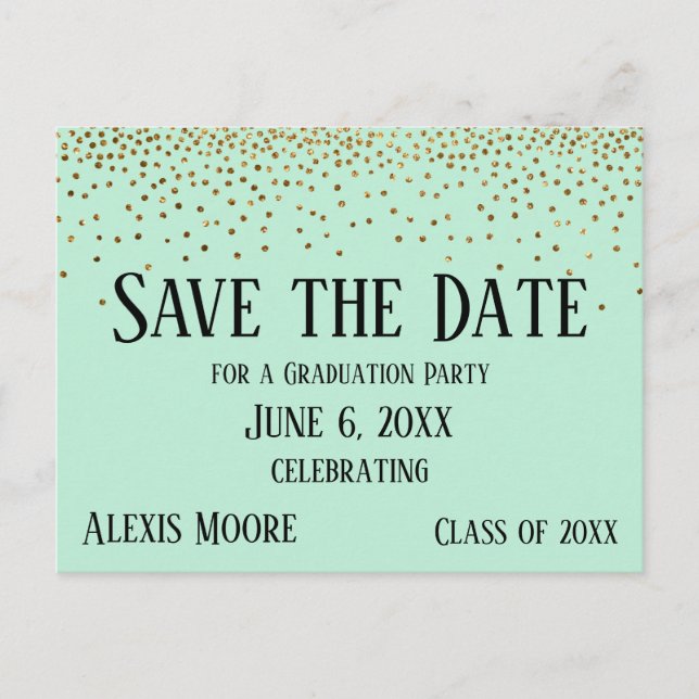 Gold Confetti Mint Green Abschluss Save the Date Postkarte (Vorderseite)