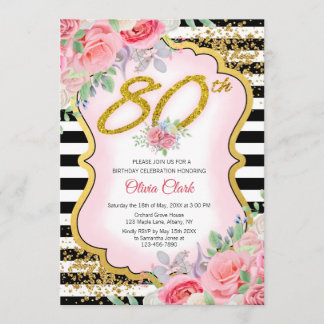 Gold Confetti mit Rosa Floral 90. Geburtstag Einladung