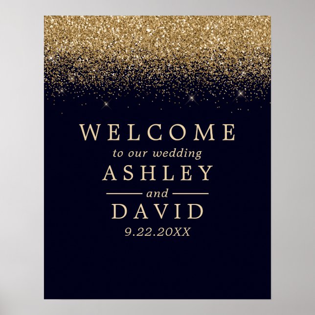 Gold Confetti Navy Blue Chic Hochzeit Willkommen Poster (Vorne)