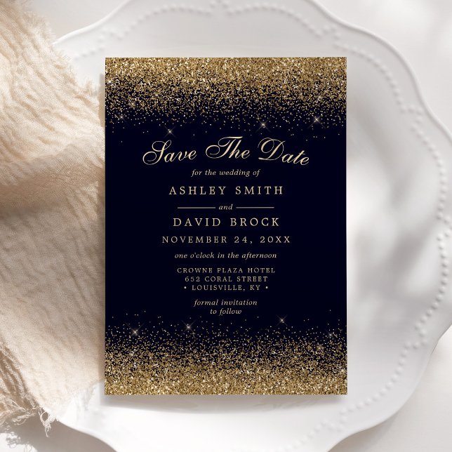 Gold Confetti Navy Blue Modern Save The Date (Von Creator hochgeladen)