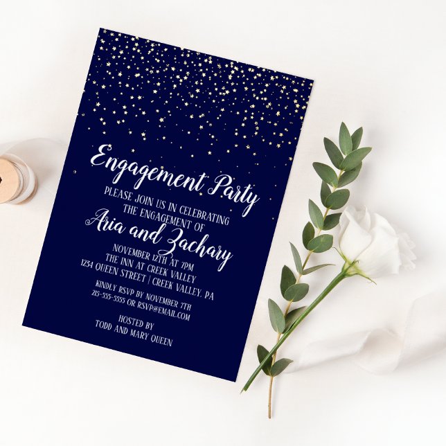 Gold Confetti|Navy Engagement Party Gold Folieneinladung (Von Creator hochgeladen)