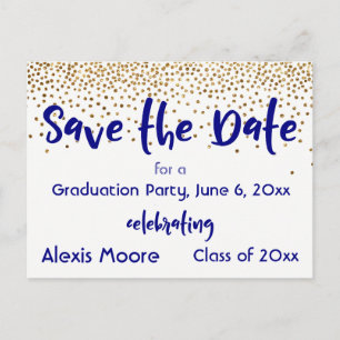 Gold Confetti Navy Graduation Party Save the Date Ankündigungspostkarte