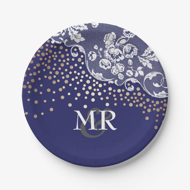 Gold Confetti Navy Lace Wedding Monogram Pappteller (Vorderseite)