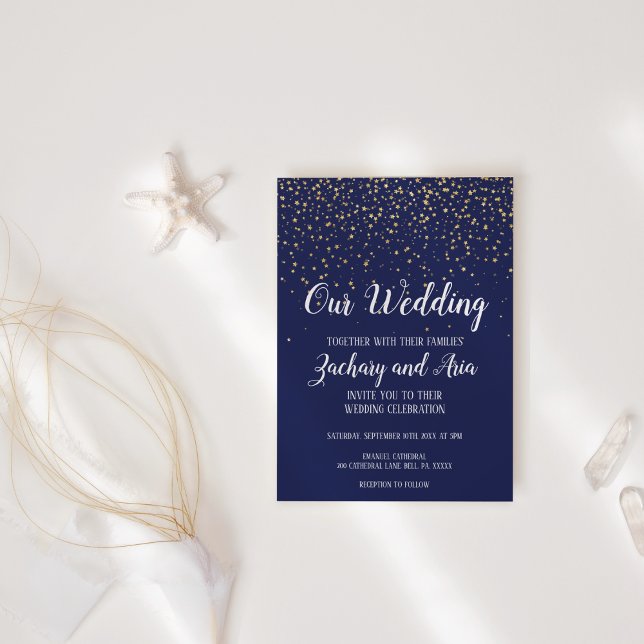 Gold Confetti|Navy Unsere Hochzeit Einladung (Von Creator hochgeladen)