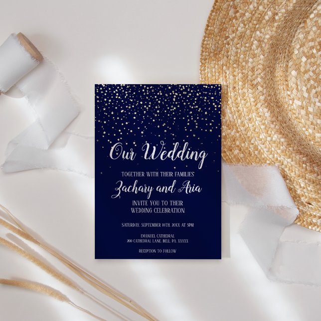 Gold Confetti|Navy Unsere Hochzeit Folieneinladung (Von Creator hochgeladen)