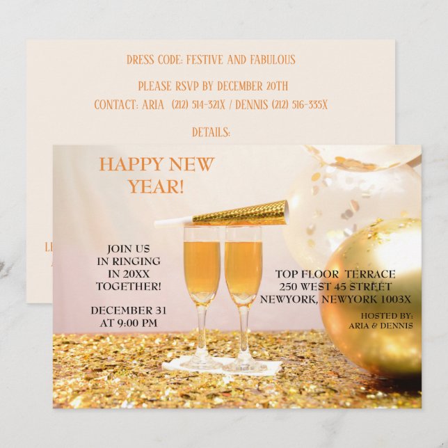 Gold Confetti Neujahr Champagnerflöten Einladung (Vorne/Hinten)