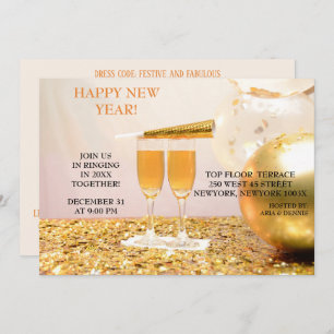 Gold Confetti Neujahr Champagnerflöten Einladung