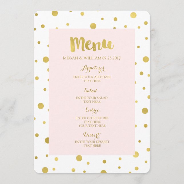 Gold Confetti Pastel Blush Pink Wedding Menü Menükarte (Vorderseite)