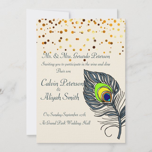 Gold Confetti Peacock Feathers Wedding Einladung (Vorderseite)