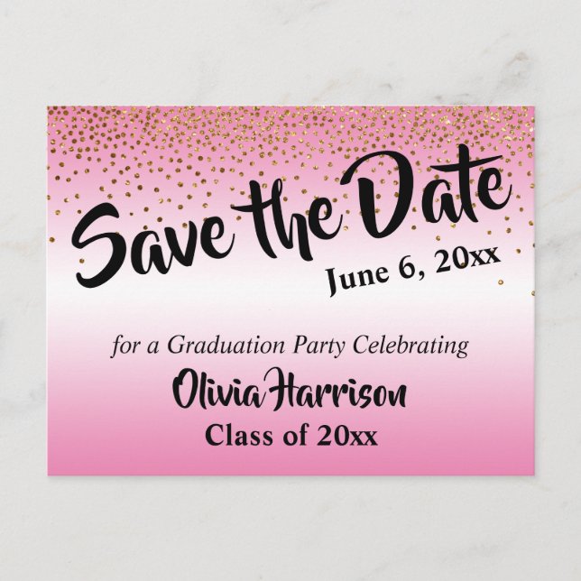 Gold Confetti Pink Abschluss Save the Date Postkarte (Vorderseite)