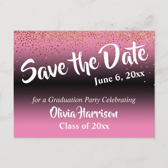 Gold Confetti Pink Abschluss Save the Date Postkarte (Vorderseite)