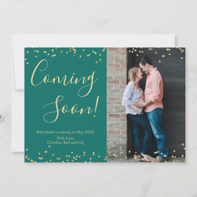 Gold Confetti Pregnancy Announcement Card auf Gree Ankündigung (Vorderseite)