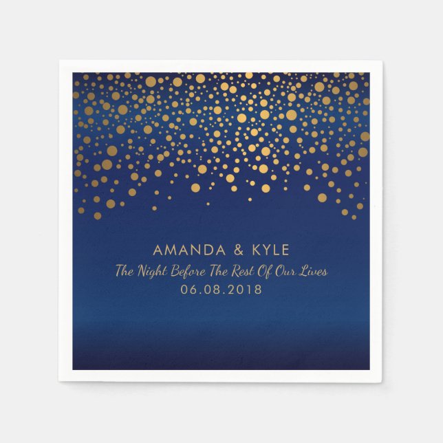 Gold Confetti Punkte auf Navy Blue Satin Design Serviette (Vorderseite)