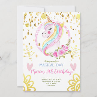 Gold Confetti Rainbow Unicorn gegenüber Geburtstag Einladung