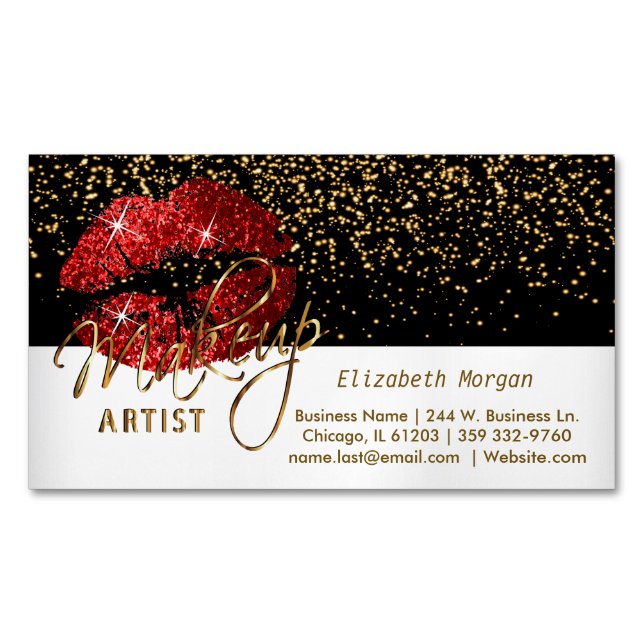 Gold Confetti & Red Lips - Makeup Artist Magnetische Visitenkarte (Vorderseite)