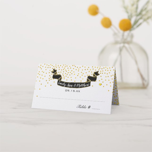 Gold Confetti Retro Black Banner Hochzeit Platzkarte (Rückseite)